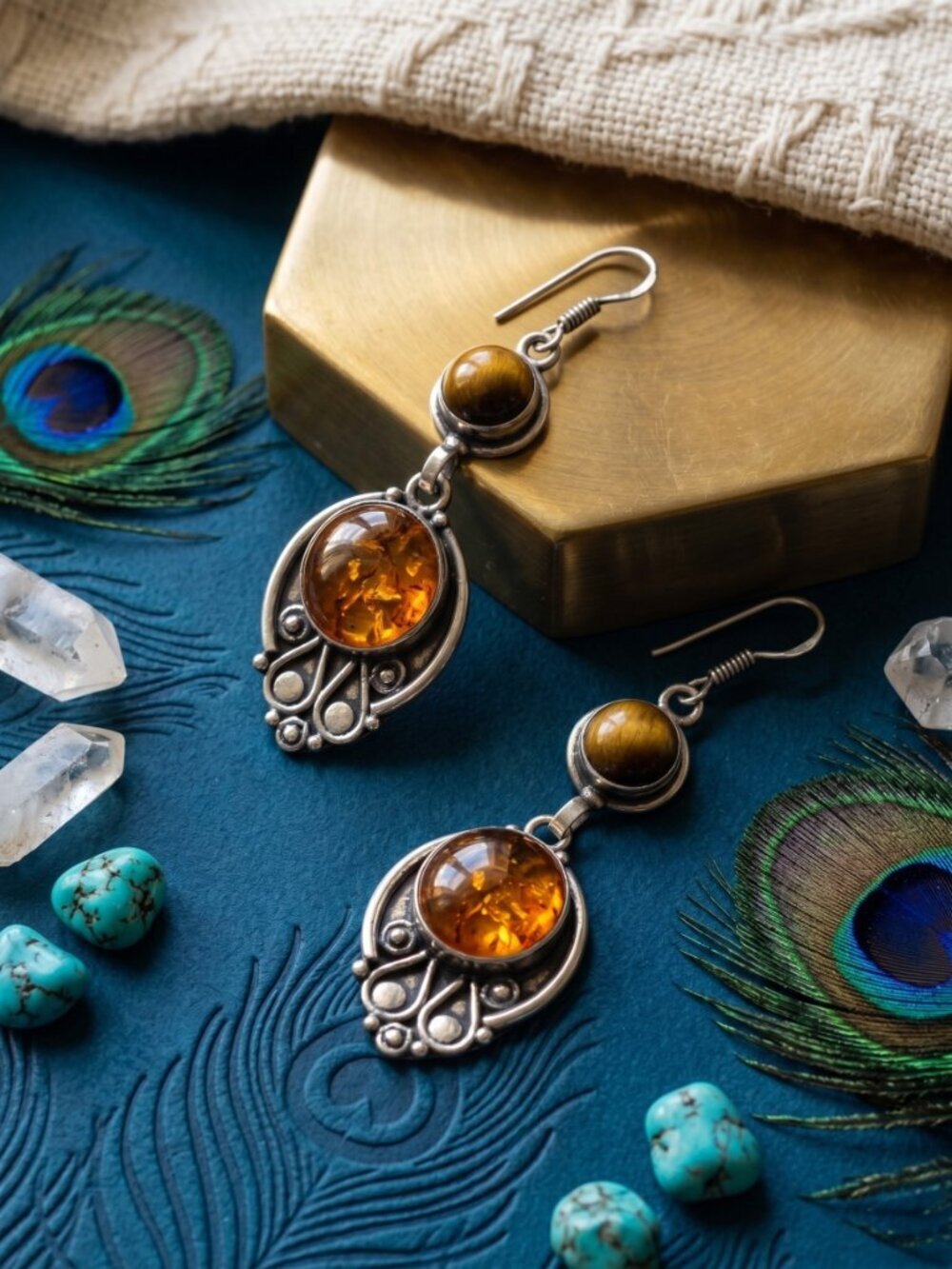 Amber Tiger Eye 925 Sterling Silver Boho Artisan Drop Dangle Earrings